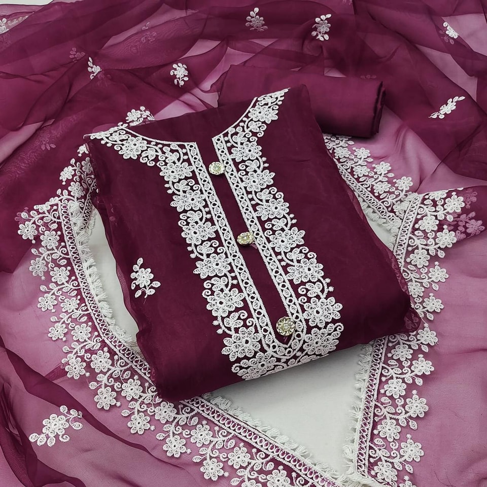Indian Unstitched Organza Tissu Shalwar Kamiz Four Piece Party Dress For Women (4 Piece) - 3 Pice Dress